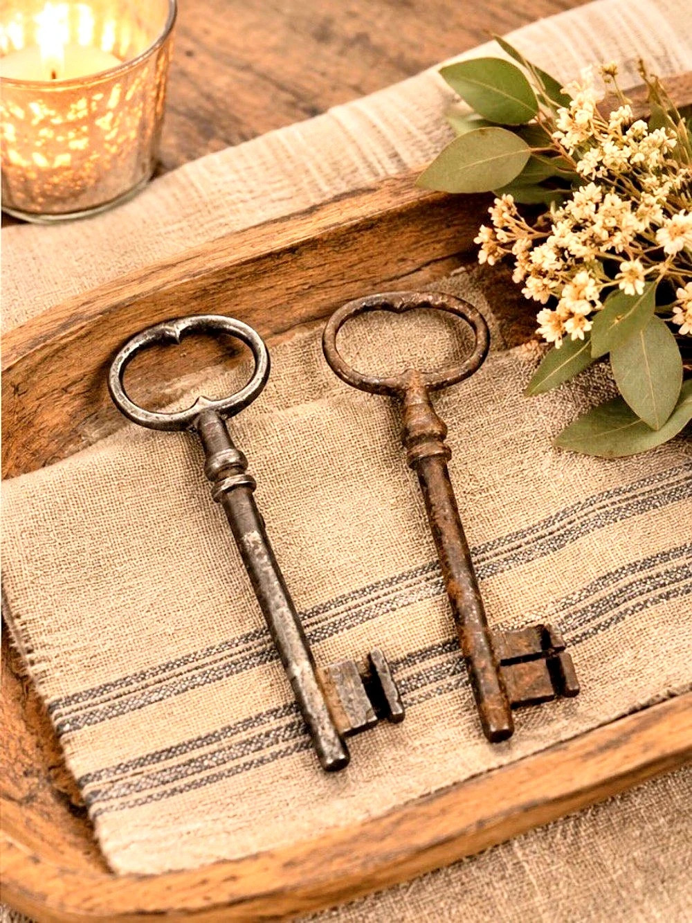 Antique Iron Skeleton Keys Lot of 2 Set, Barrel Weathered Gate Jailer 5” Long
